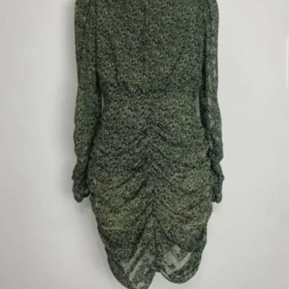 Zara Green Black Floral Ruched Draped Mini Dress Puff Shoulder V-Neck - Picture 3 of 6